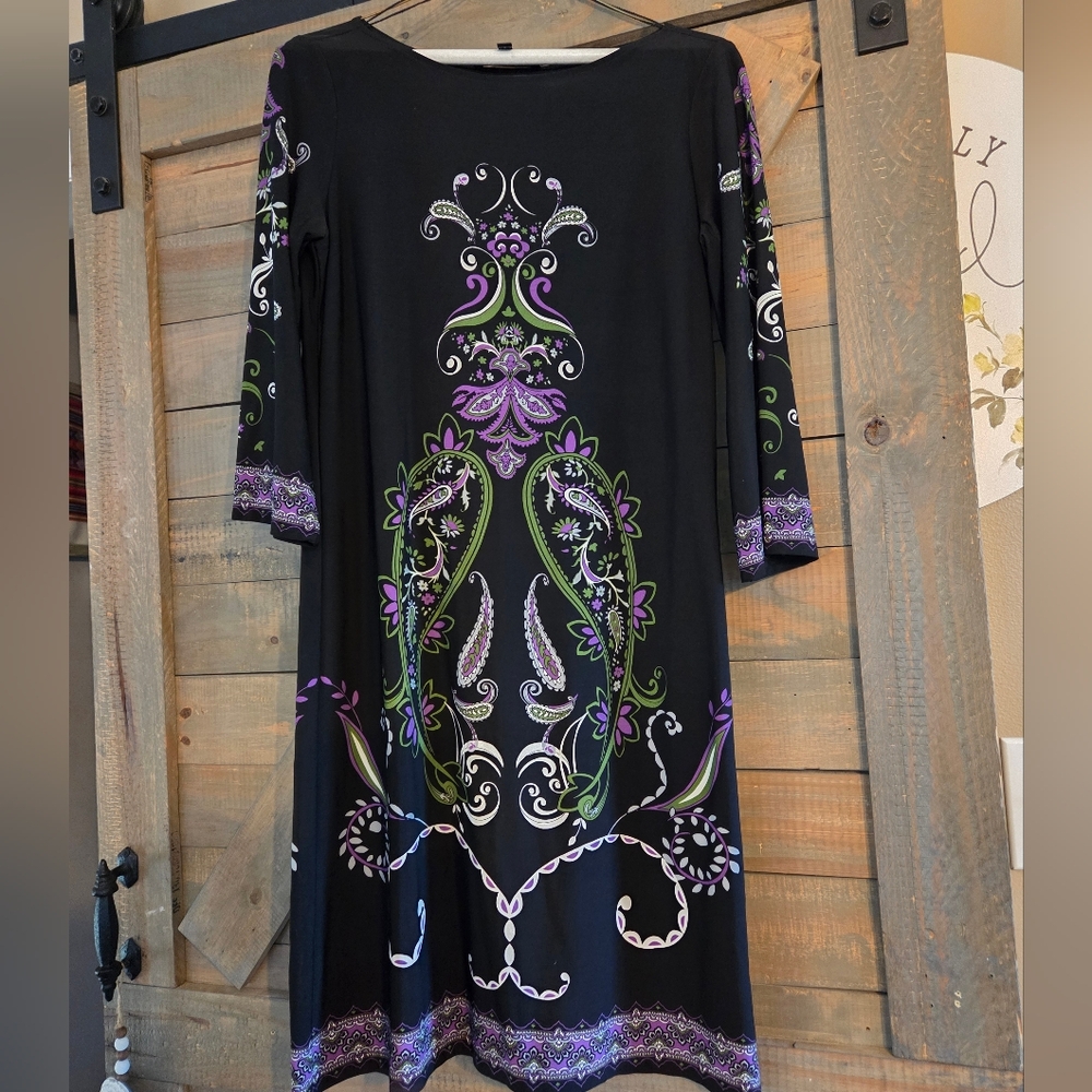 Signature Black Tunic Dress with Purple and Green Paisley Print